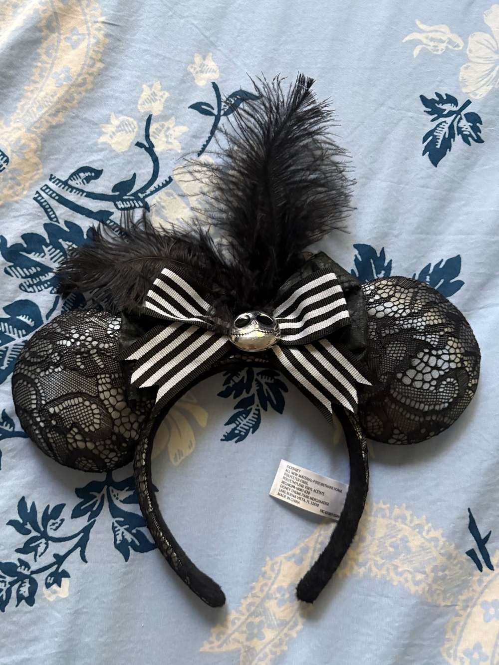 Black Lace Halloween Jack Skeleton Minnie Ears with Striped Bow & Feathers